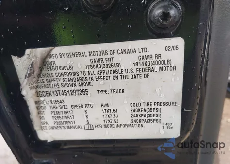 2005 Chevrolet Silverado 1500 Z71 from USA, damaged, VIN 2GCEK13T451287365